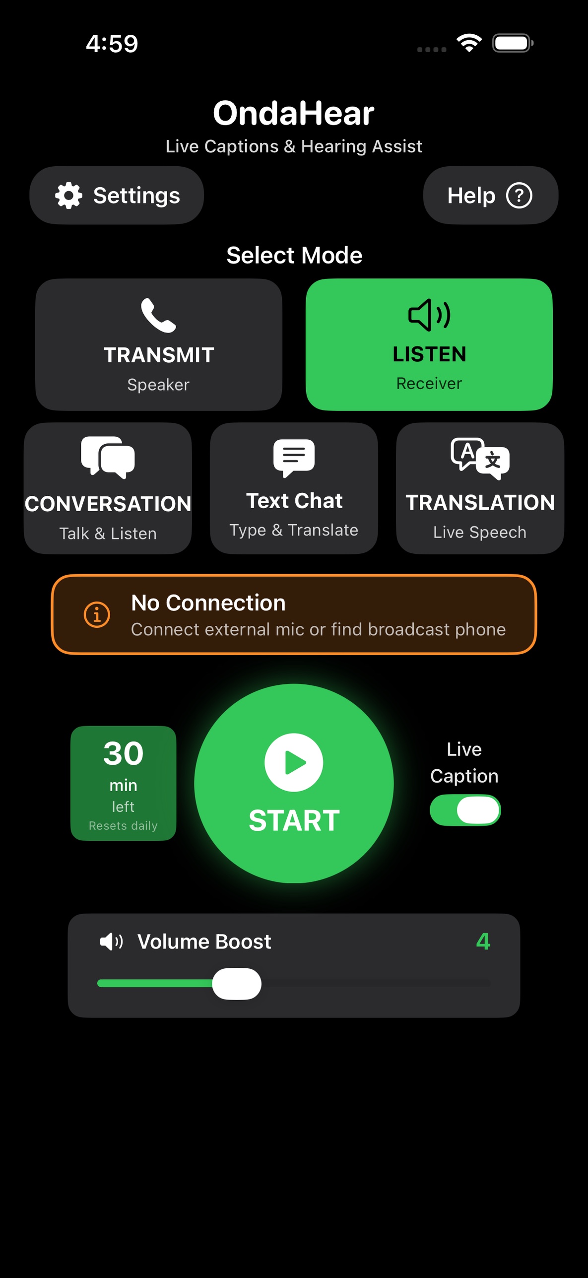 OndaHear Main Screen